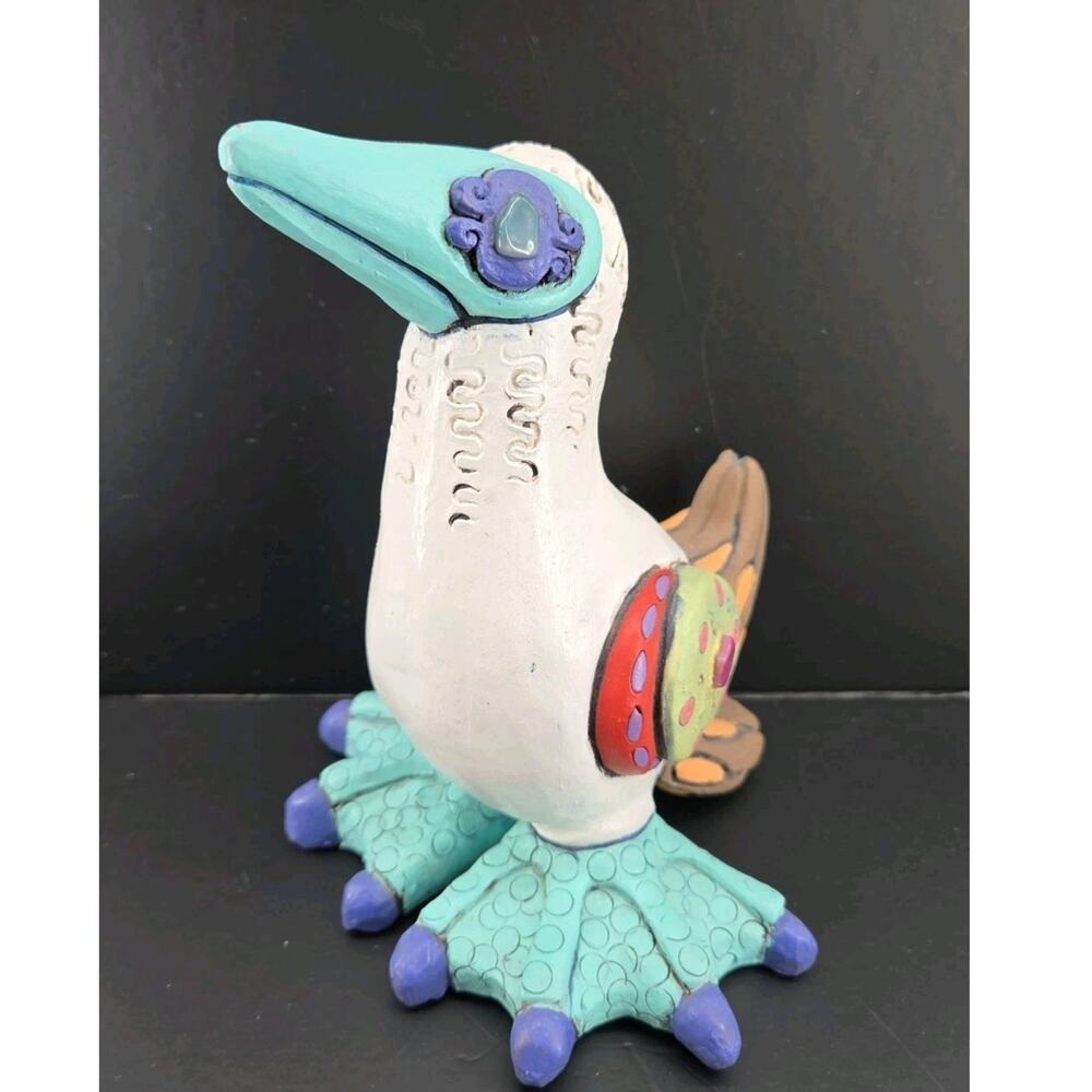 Handmade Raku Folk Art Galapagos Blue Footed Booby Sculpture Artisan Signed